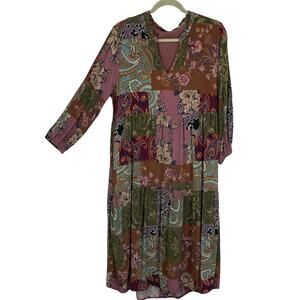 Tolani Midi Peasant Shift Dress size Medium balloon Sleeve Mauve Floral Pockets